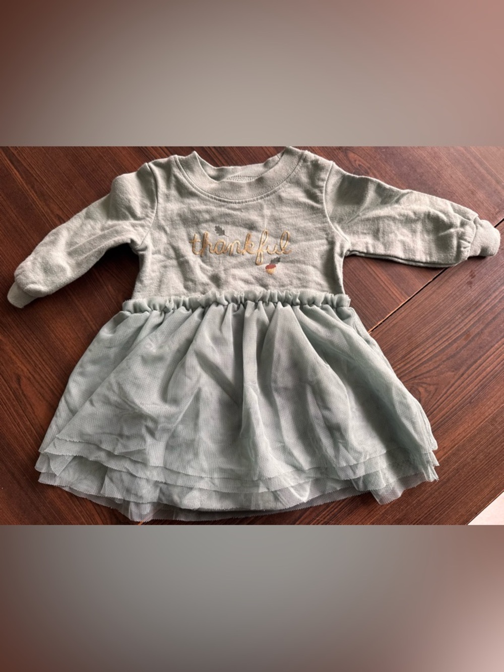 Infant light Sage Tulle Skirt Dress with 'Thankful' Embroidery
